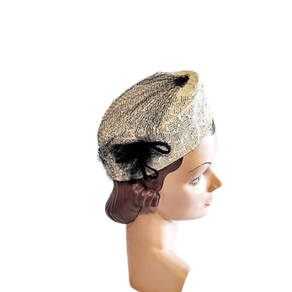 Vintage Accessories - 1940s True Vintage Small Off White Pillbox Style Hat With Black Veil And Bows